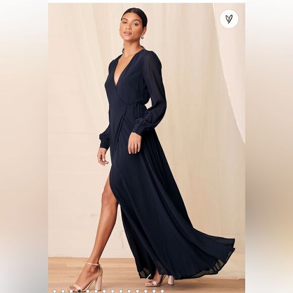 Lulus My Whole Heart Dark Navy Blue Long Sleeve Wrap Dress Sz- Small - Picture 3 of 16